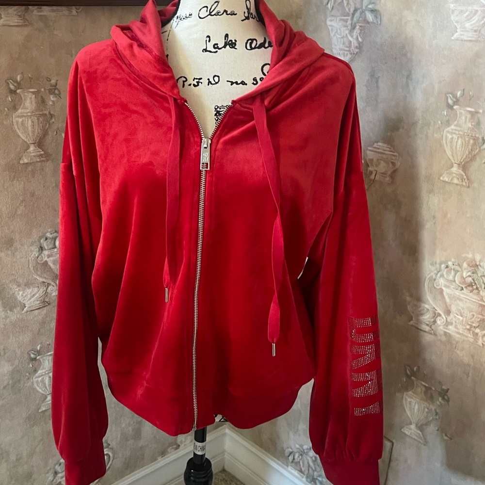 DKNY VELVET LOGO HOODIE RED CHERRY LARGE - Picture 3 of 6